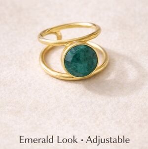 Green Gemstone Adjustable Ring | Gold Double Band Statement Ring